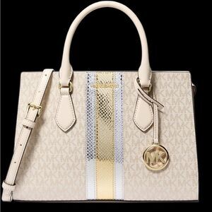 MICHAEL KORS, SHEILA, SIGNATURE LOGO AND METALLIC SATCHEL, NWT